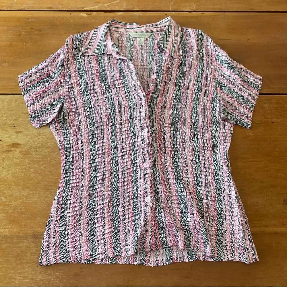 Vintage Y2K Stretchy Pink and Gray Herringbone zigzag Striped Women's Top Large